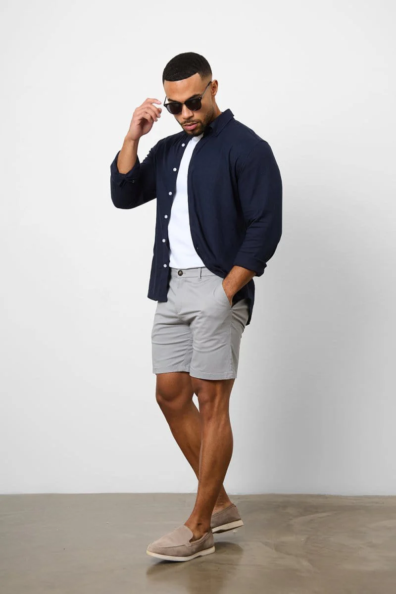 Stretch Linen Blend Button Through Shirt in Navy - Image 2