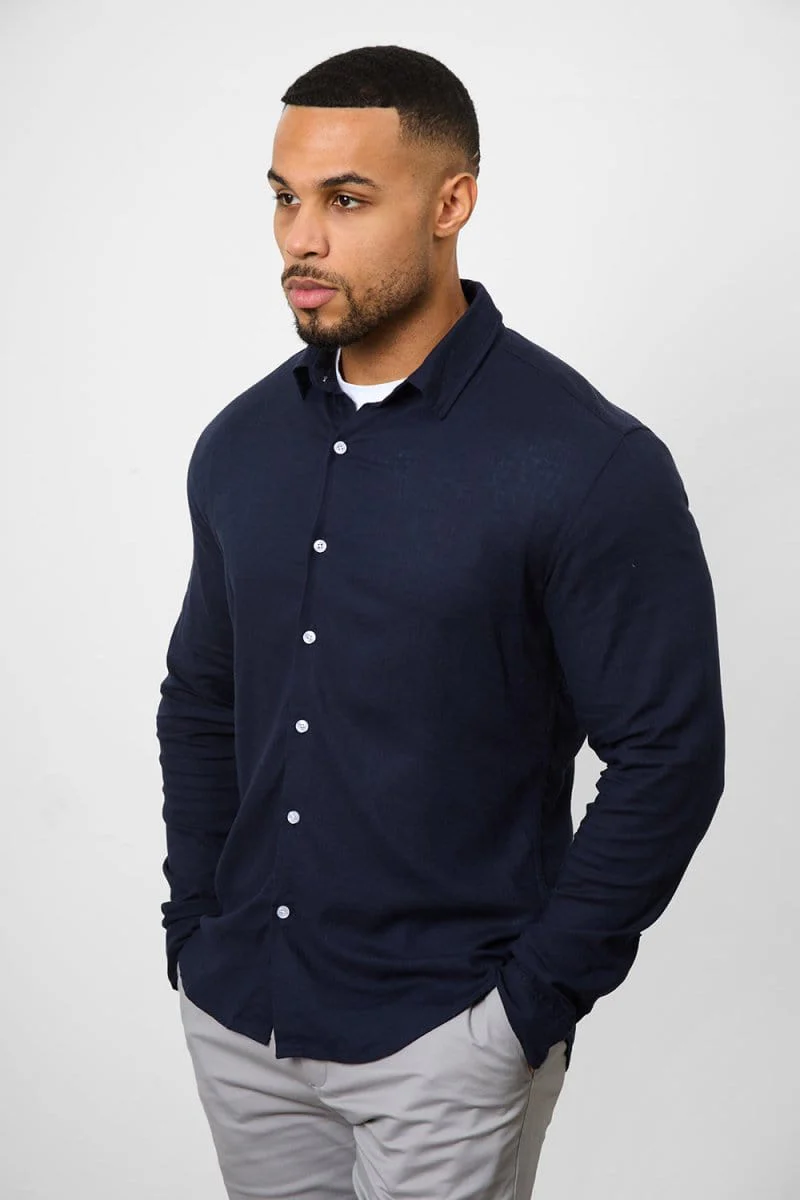 Stretch Linen Blend Button Through Shirt in Navy - Image 7