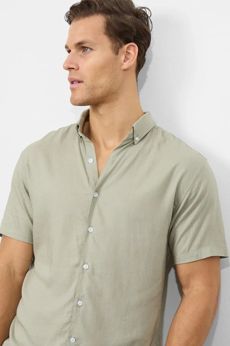 Stretch Linen Blend Button Through Shirt in Soft Sage - Image 3