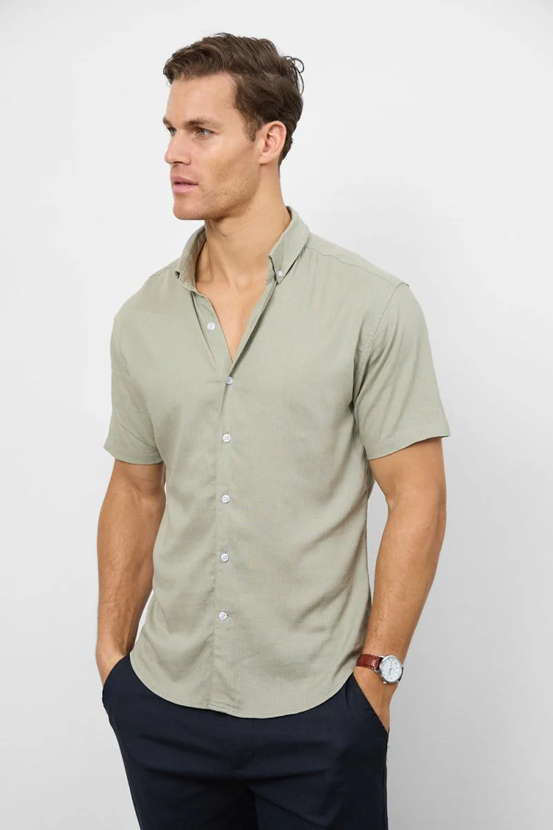 Stretch Linen Blend Button Through Shirt in Soft Sage - Image 4