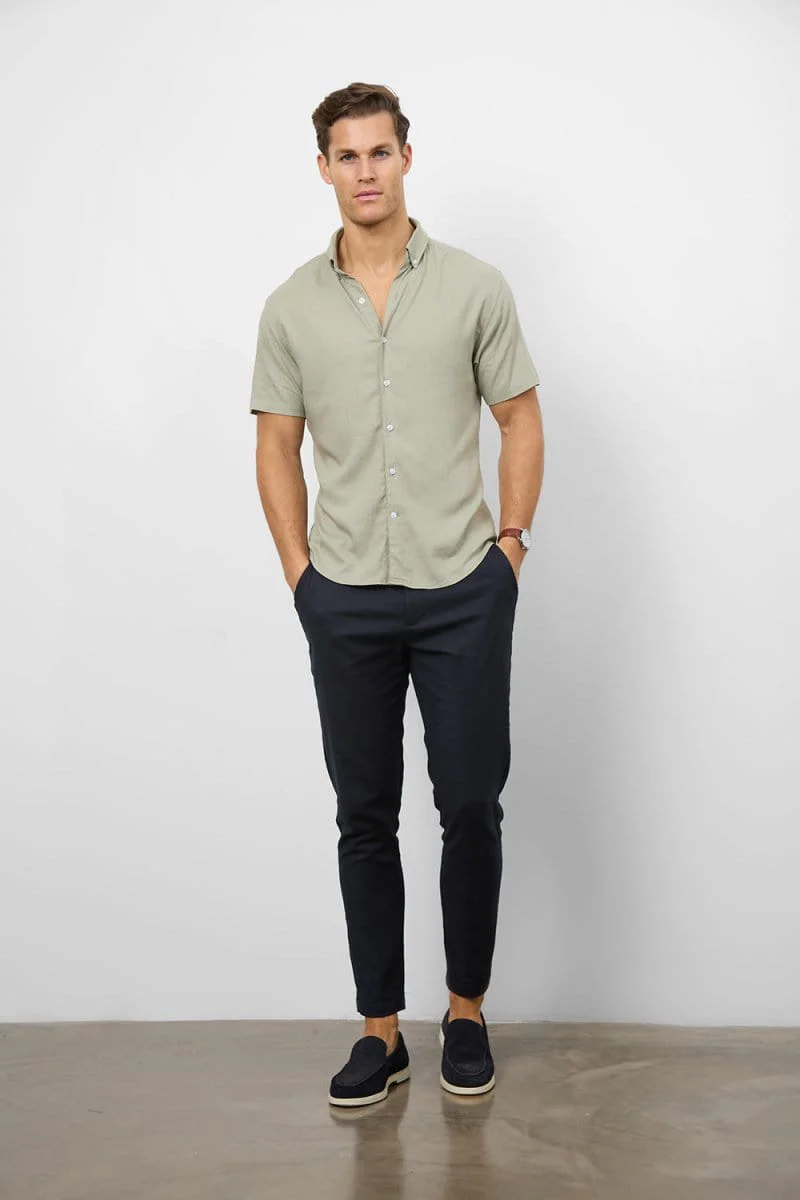 Stretch Linen Blend Button Through Shirt in Soft Sage - Image 5