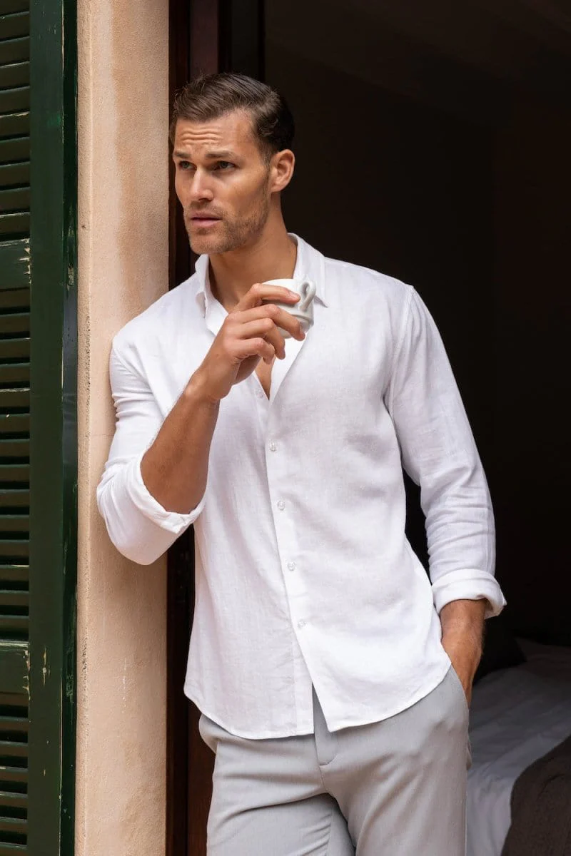 Stretch Linen Blend Button Through Shirt in White - Image 3