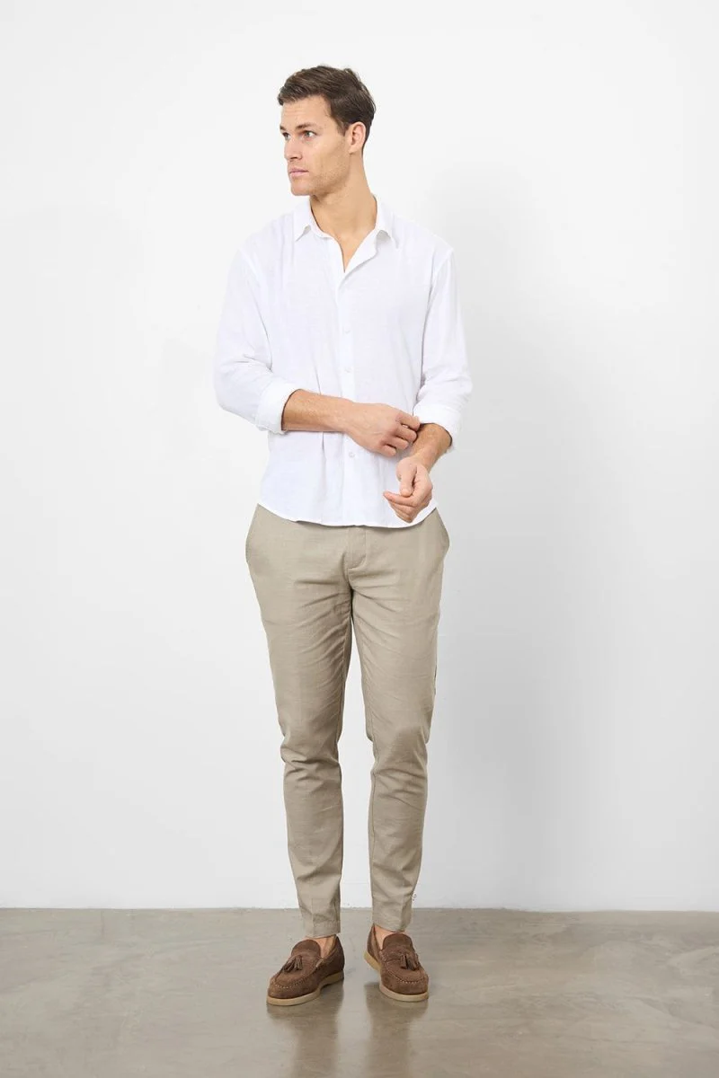 Stretch Linen Blend Button Through Shirt in White - Image 4