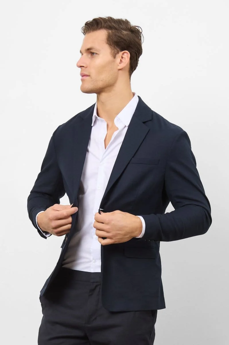 Stretch Linen Blend Suit Jacket in Navy - Image 4