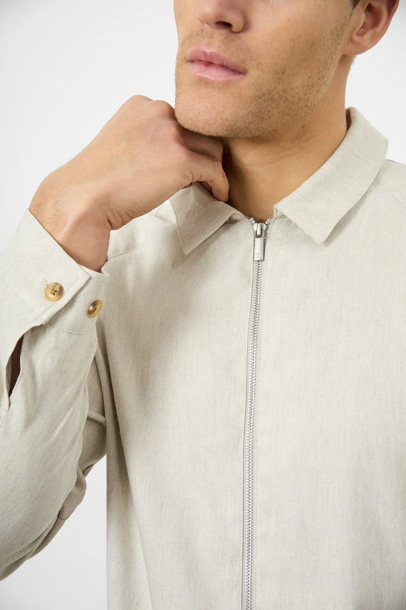 Stretch Linen Blend Zip Through Jacket in Oatmeal - Image 3