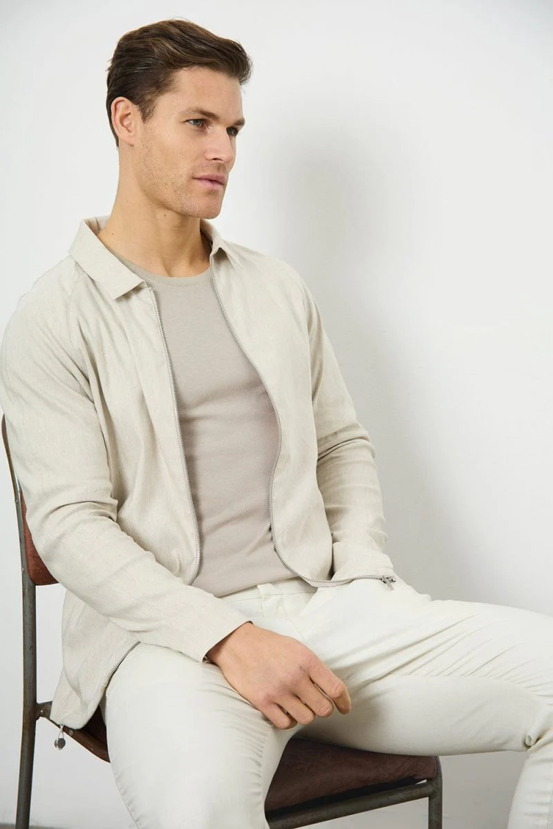 Stretch Linen Blend Zip Through Jacket in Oatmeal - Image 4