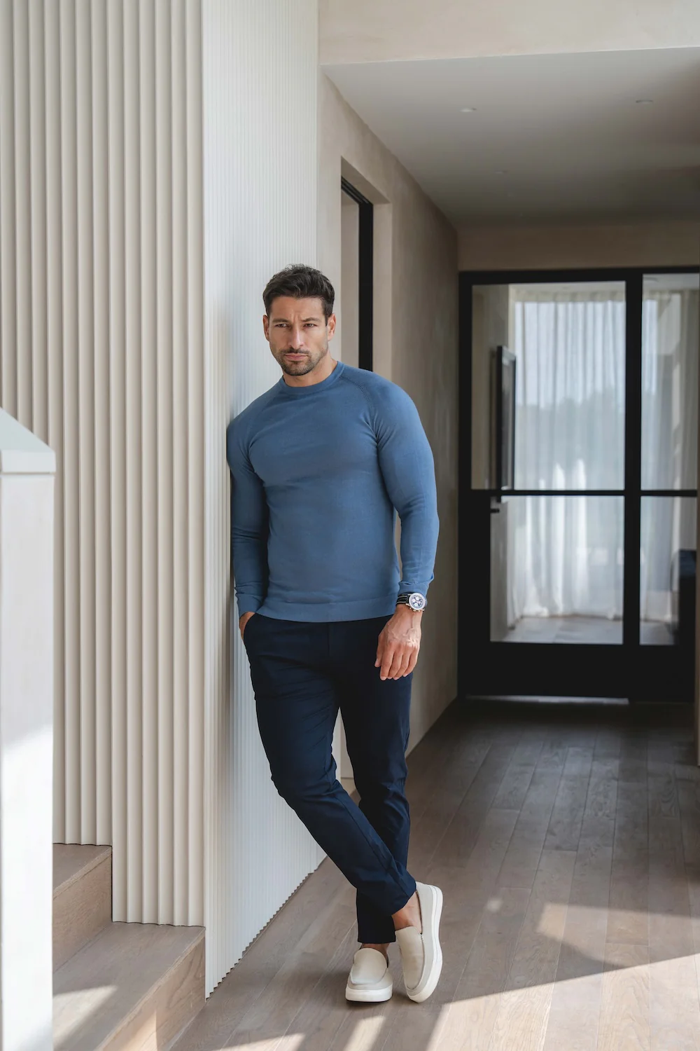 Extra Fine Merino Wool Crew Neck Jumper in Airforce Blue - Image 2