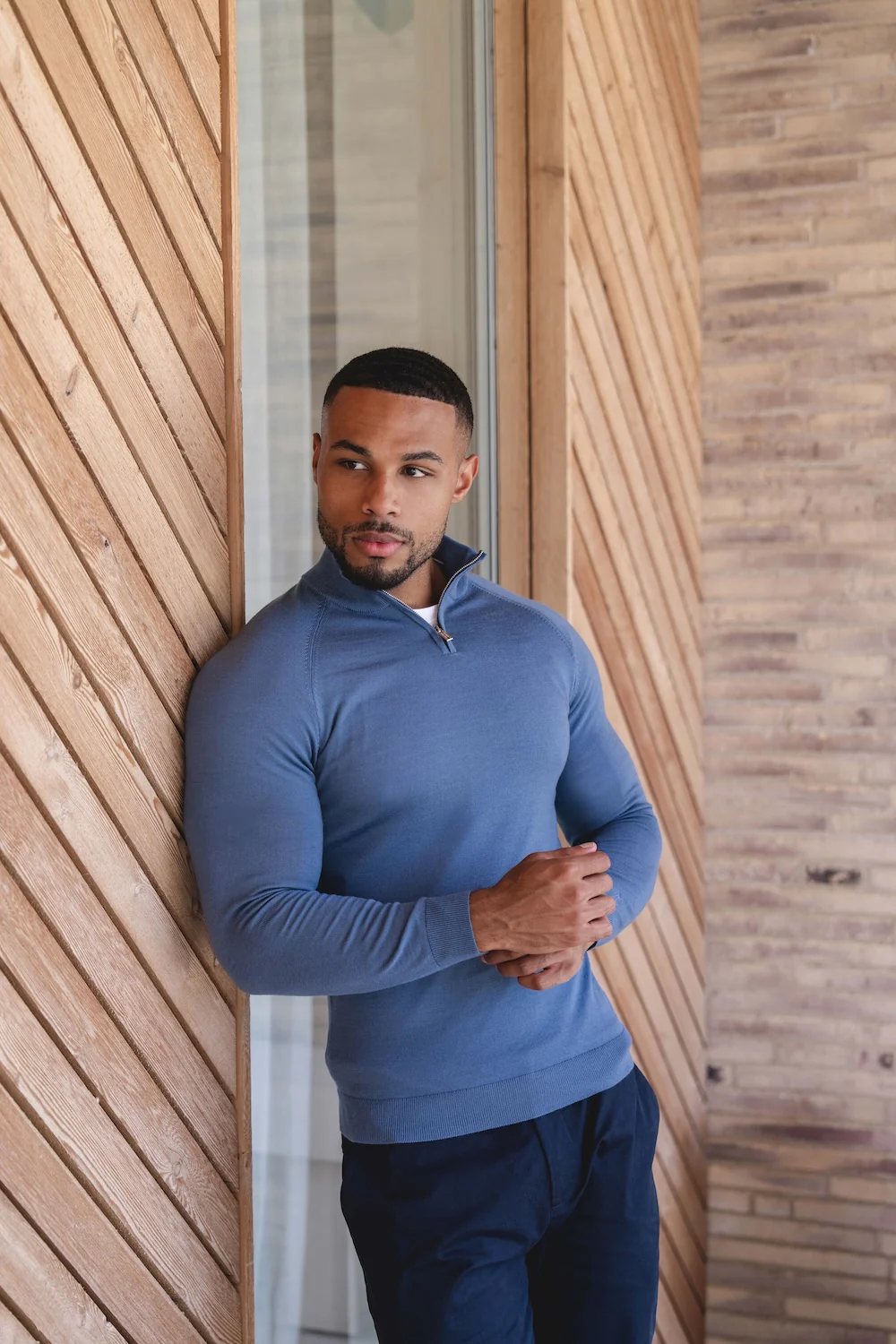 Extra Fine Merino Wool Half Zip Neck Jumper in Airforce Blue - Image 6