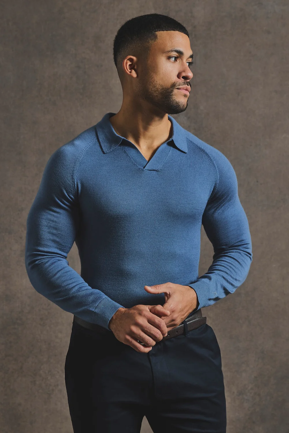 Extra Fine Merino Wool Open Collar Polo Shirt in Airforce Blue - Image 4