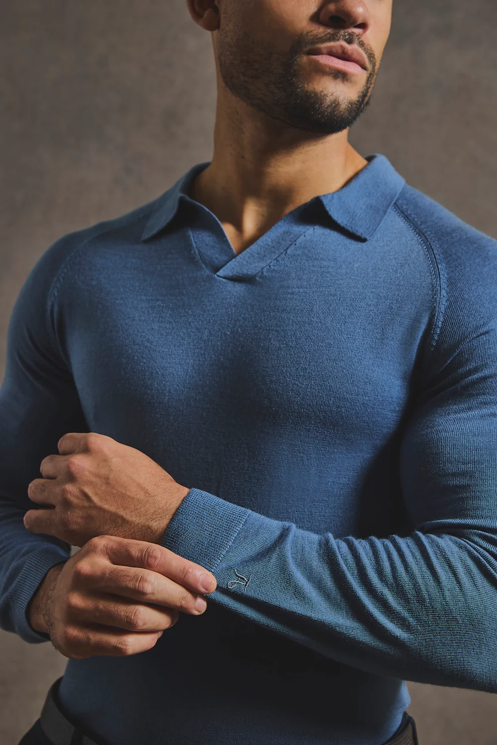 Extra Fine Merino Wool Open Collar Polo Shirt in Airforce Blue - Image 5