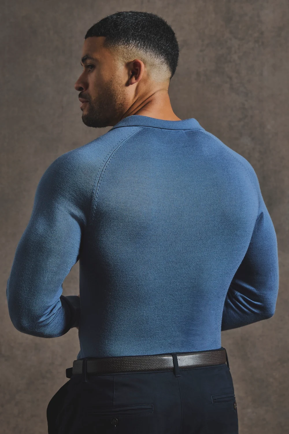 Extra Fine Merino Wool Open Collar Polo Shirt in Airforce Blue - Image 6