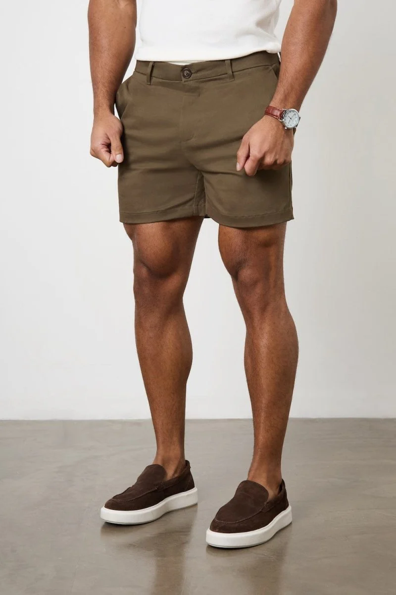Muscle Fit Stretch Chino Shorts - Shorter Length in Khaki - Image 6