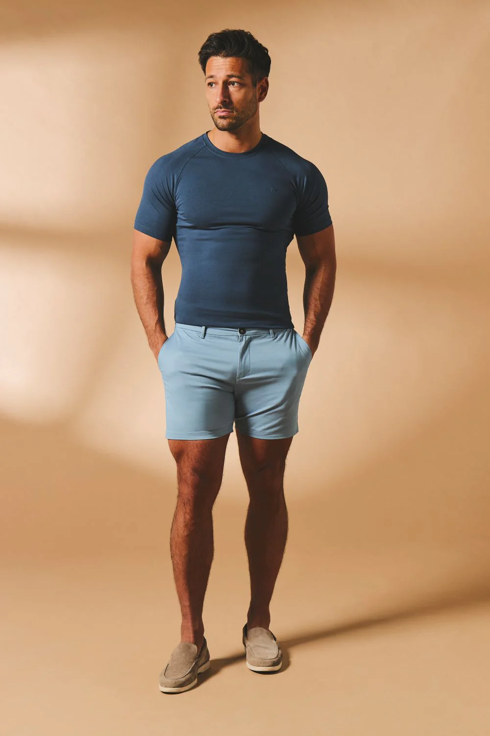Muscle Fit Stretch Chino Shorts - Shorter Length in Light Blue - Image 3