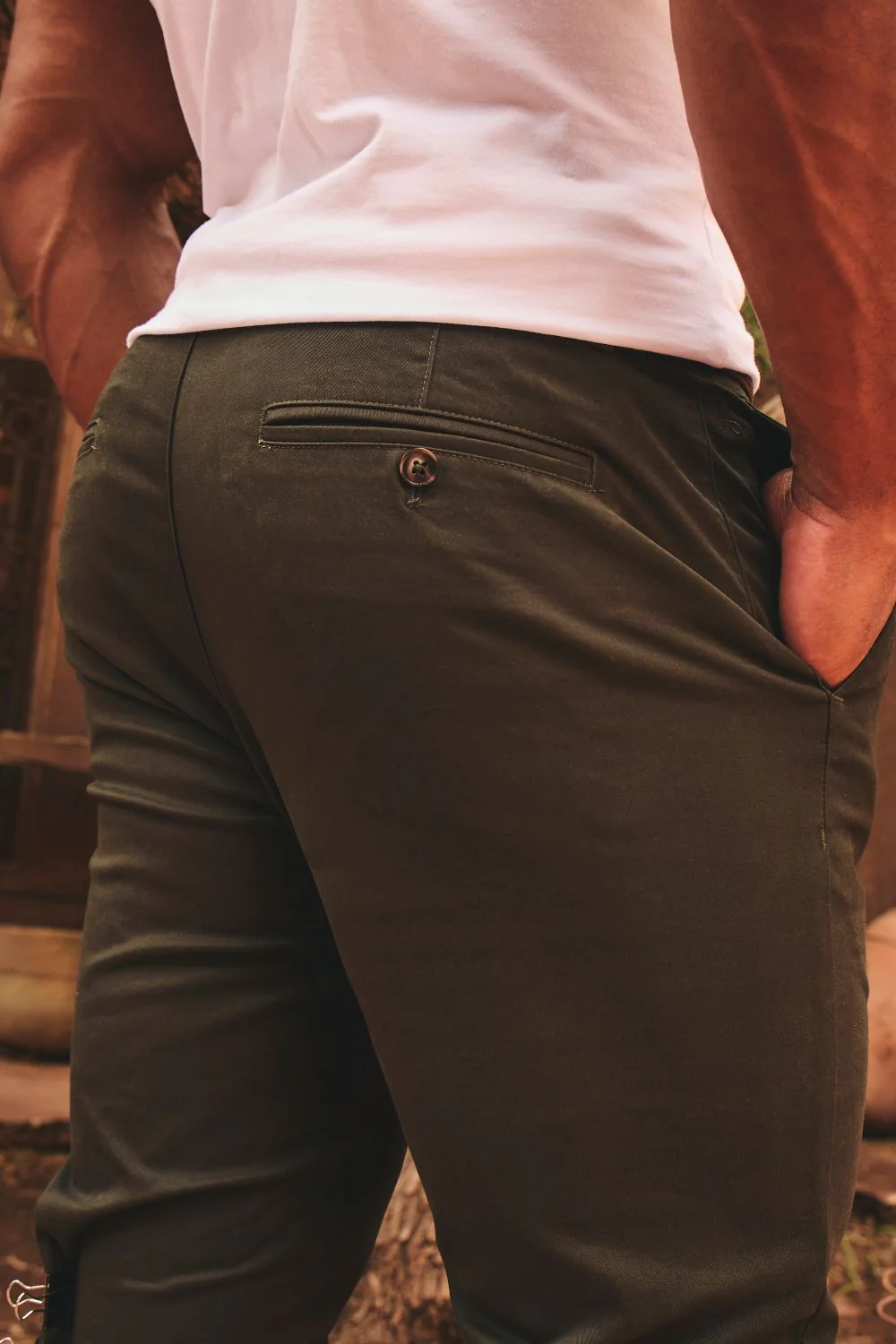 Muscle Fit Cotton Stretch Chino Trouser in Dark Khaki - Image 6