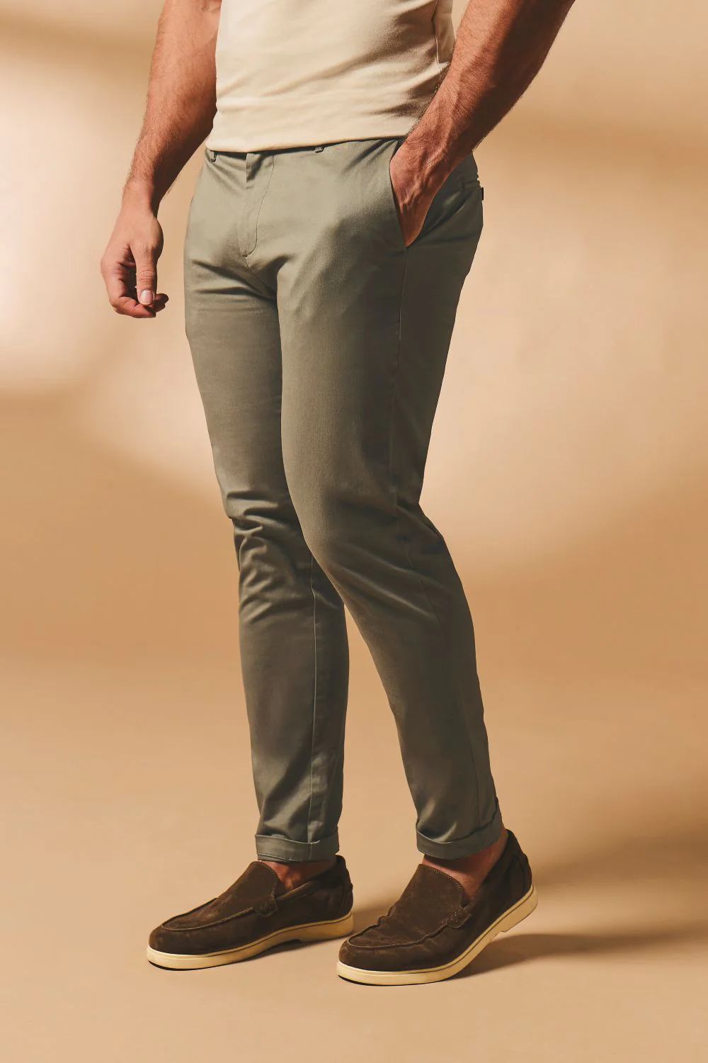Muscle Fit Cotton Stretch Chino Trouser in Soft Khaki - Image 3
