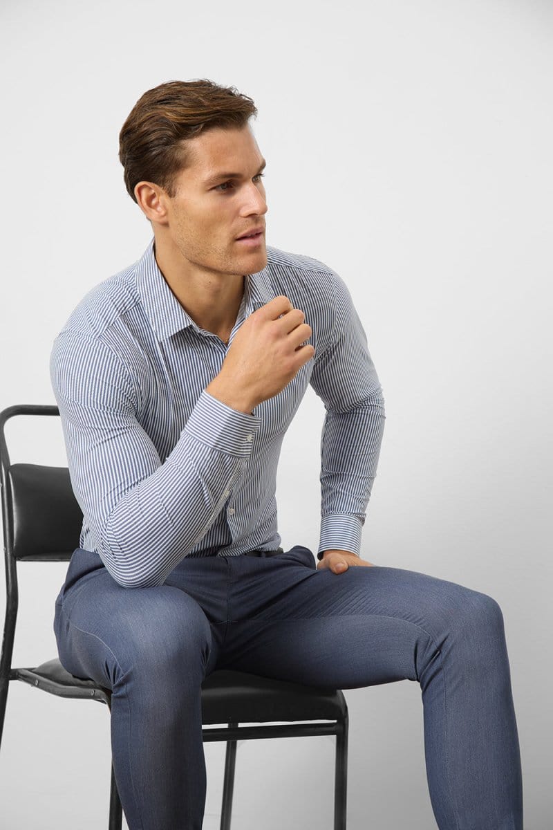 Striped Stretch Formal Shirt in Navy - Image 4