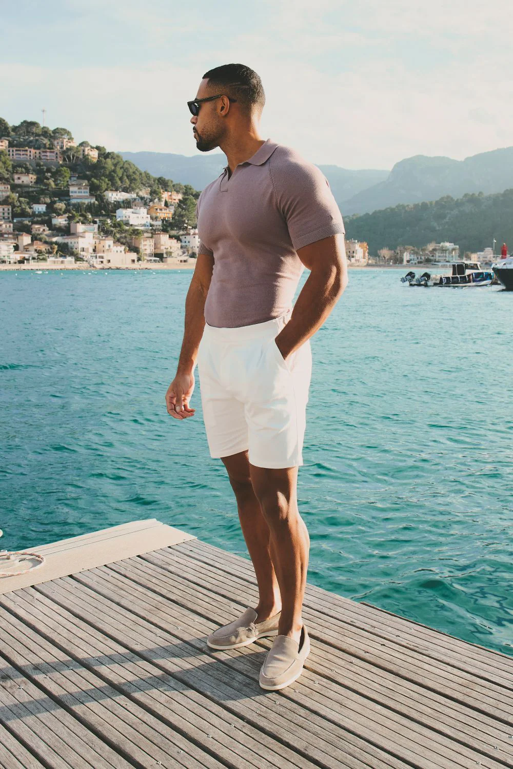 Open Collar Knitted Polo Shirt in Dusty Rose - Image 5
