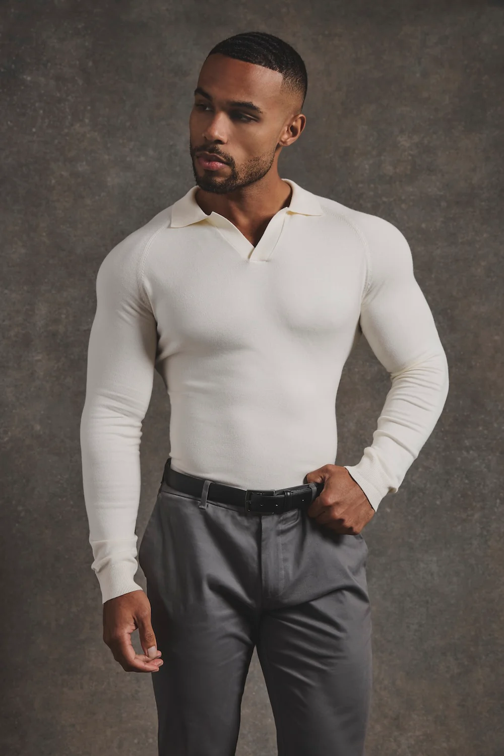 Open Collar Knitted Polo Shirt in Winter White - Image 3
