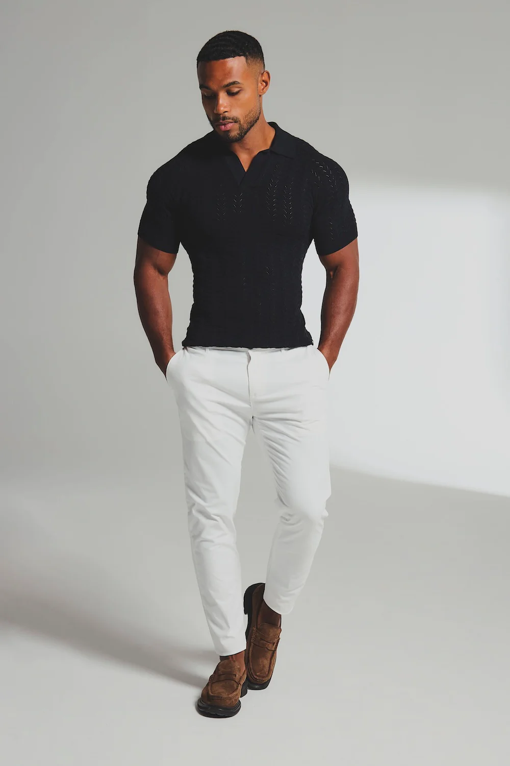 Pointelle Knitted Open Collar Polo Shirt in Black - Image 3