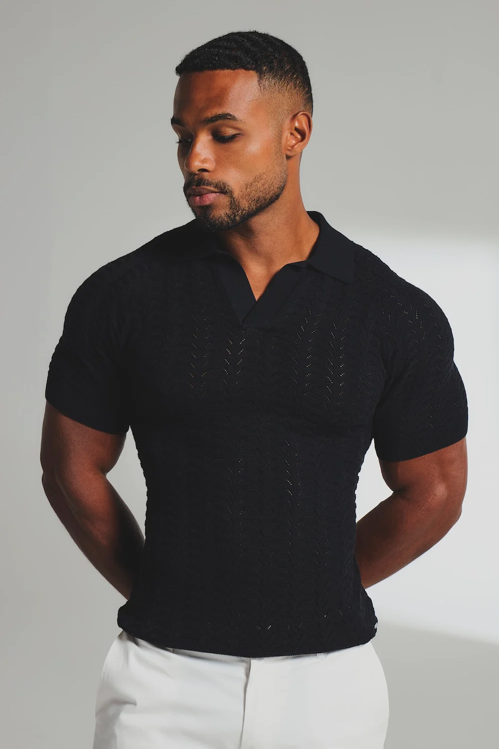 Pointelle Knitted Open Collar Polo Shirt in Black - Image 4