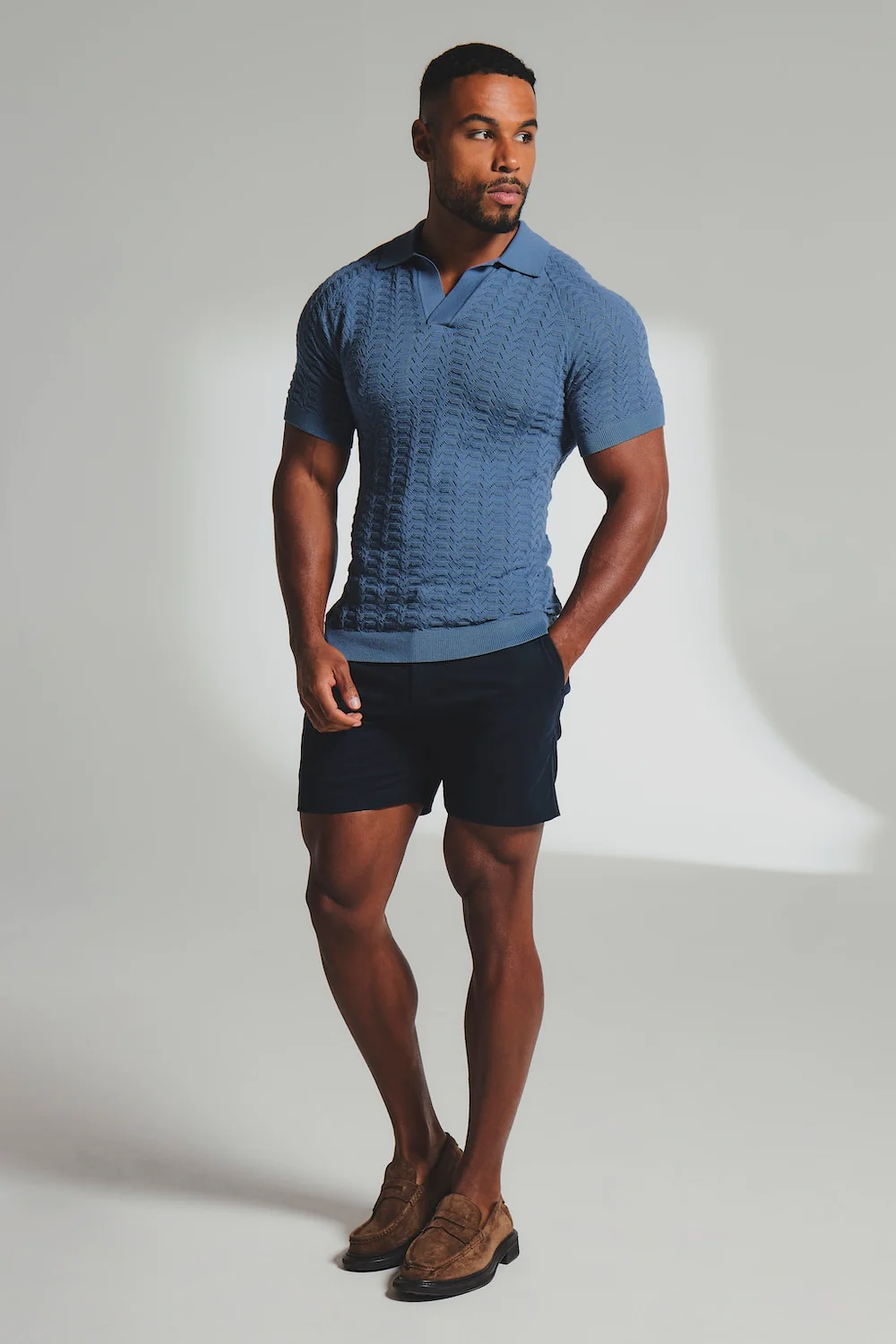 Pointelle Knitted Open Collar Polo Shirt in Blue - Image 3