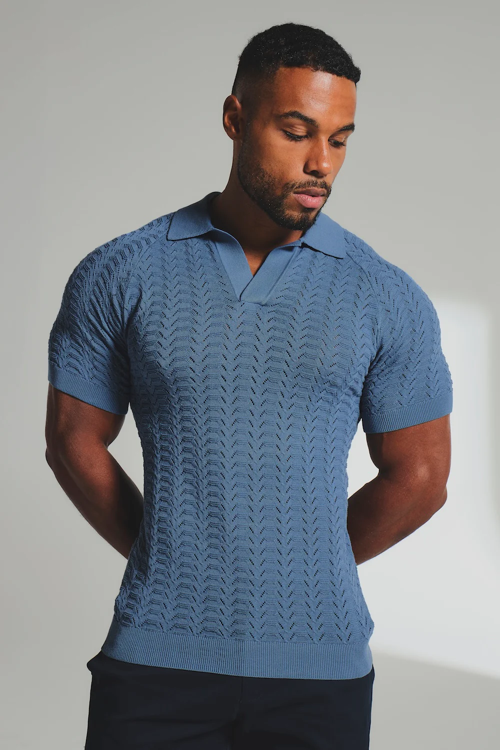 Pointelle Knitted Open Collar Polo Shirt in Blue - Image 4