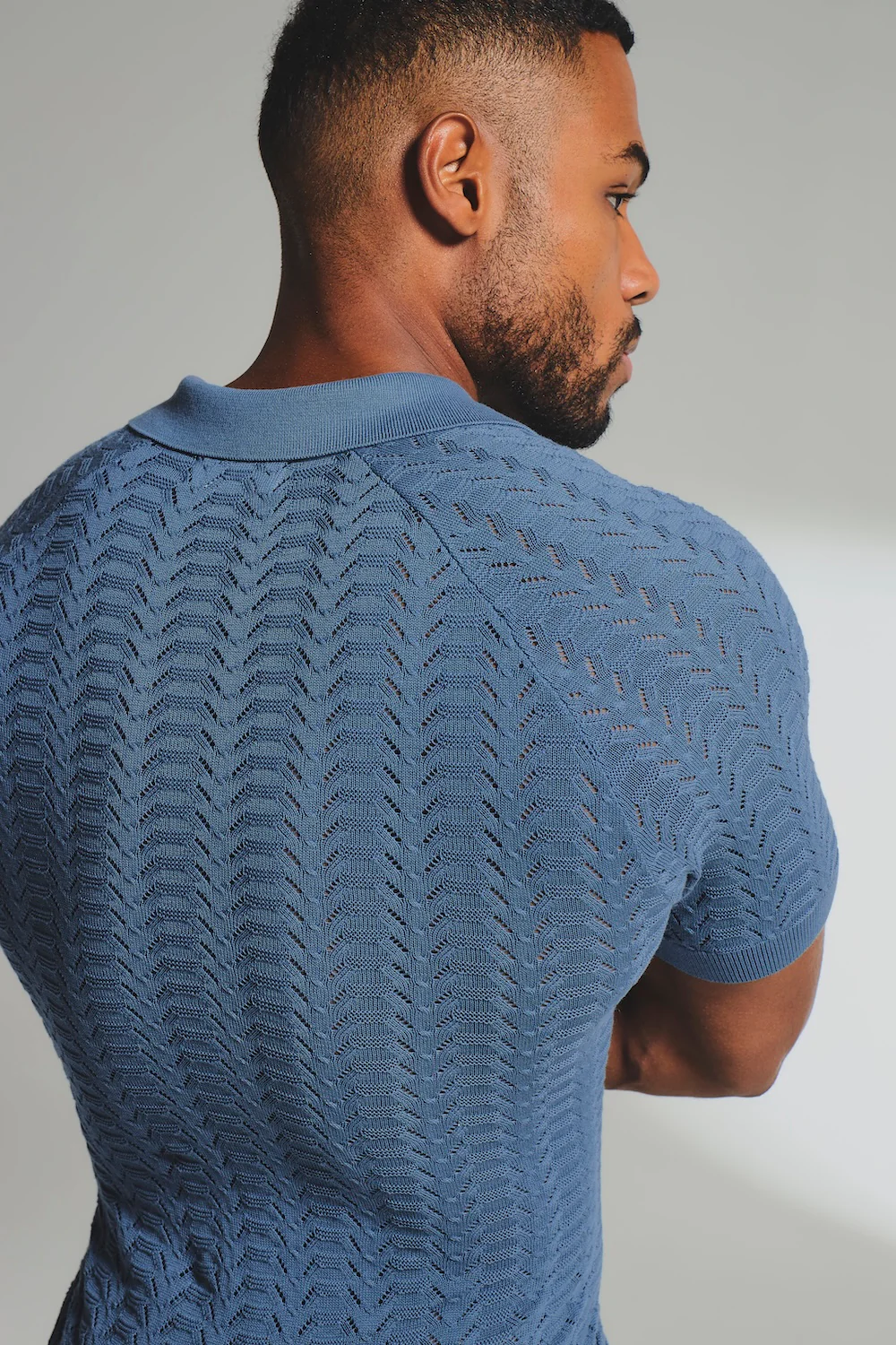 Pointelle Knitted Open Collar Polo Shirt in Blue - Image 6