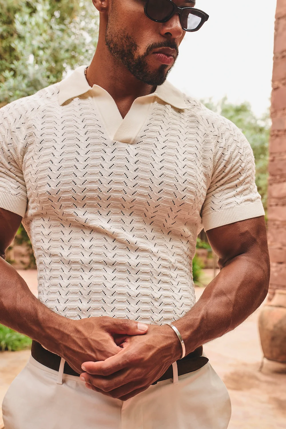 Pointelle Knitted Open Collar Polo Shirt in Chalk - Image 4