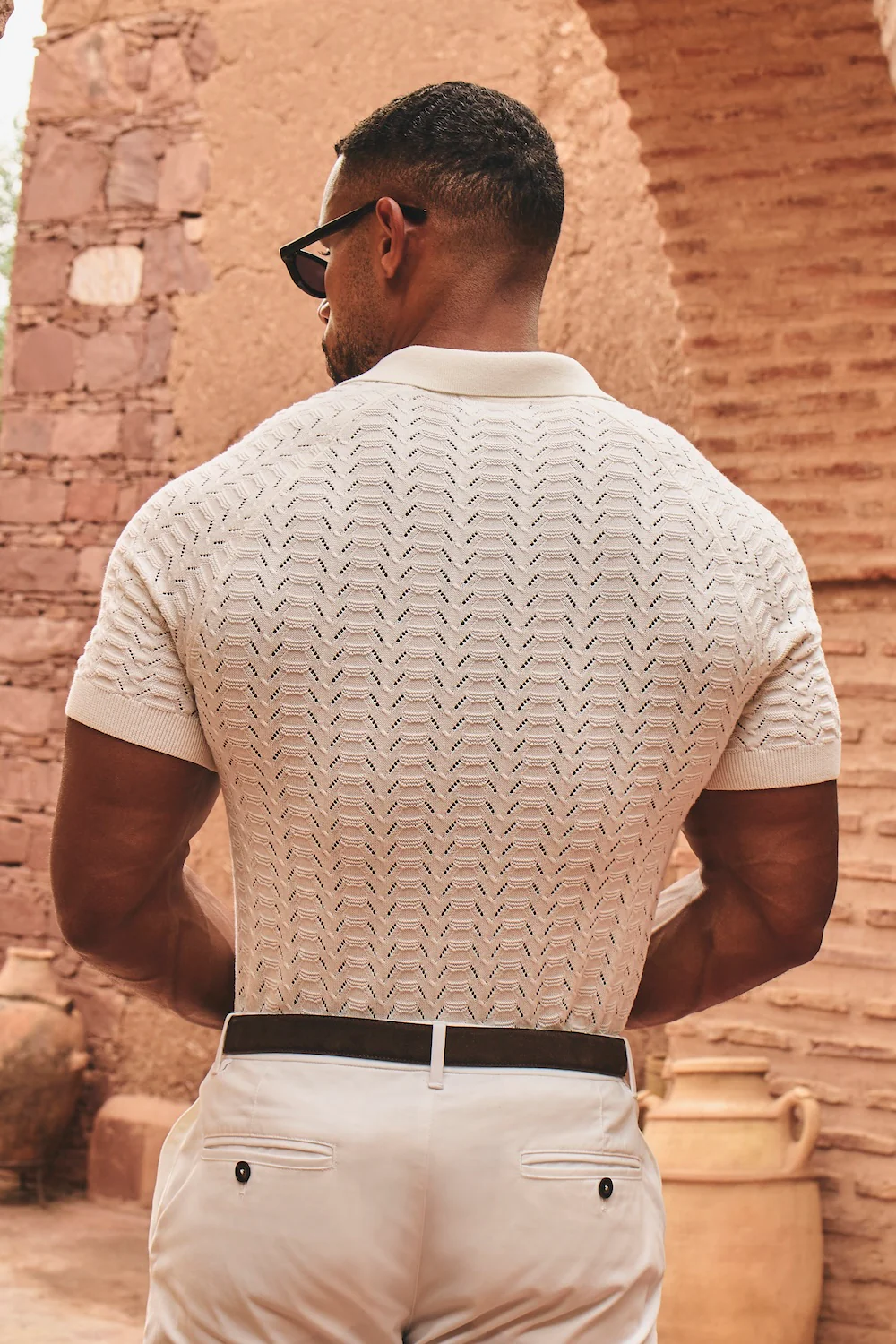 Pointelle Knitted Open Collar Polo Shirt in Chalk - Image 7