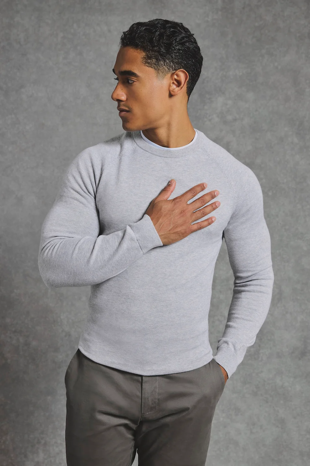 Pure Cotton Knitted Crew Neck Jumper in Silver Grey Marl - Image 4