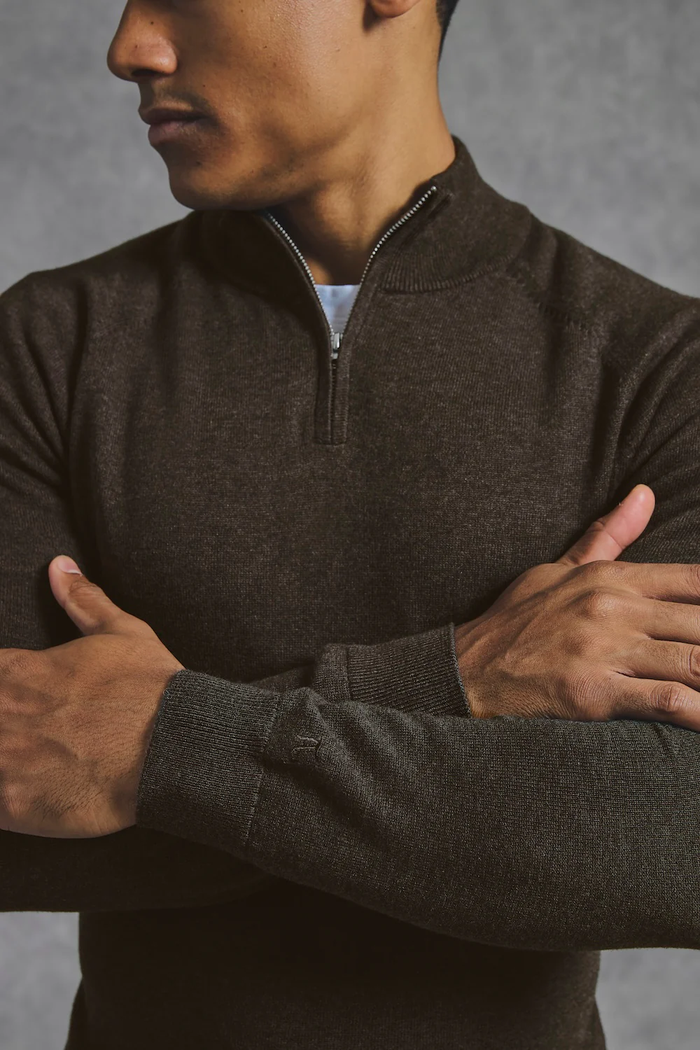 Pure Cotton Knitted Half Zip Neck Jumper in Brown Marl - Image 3
