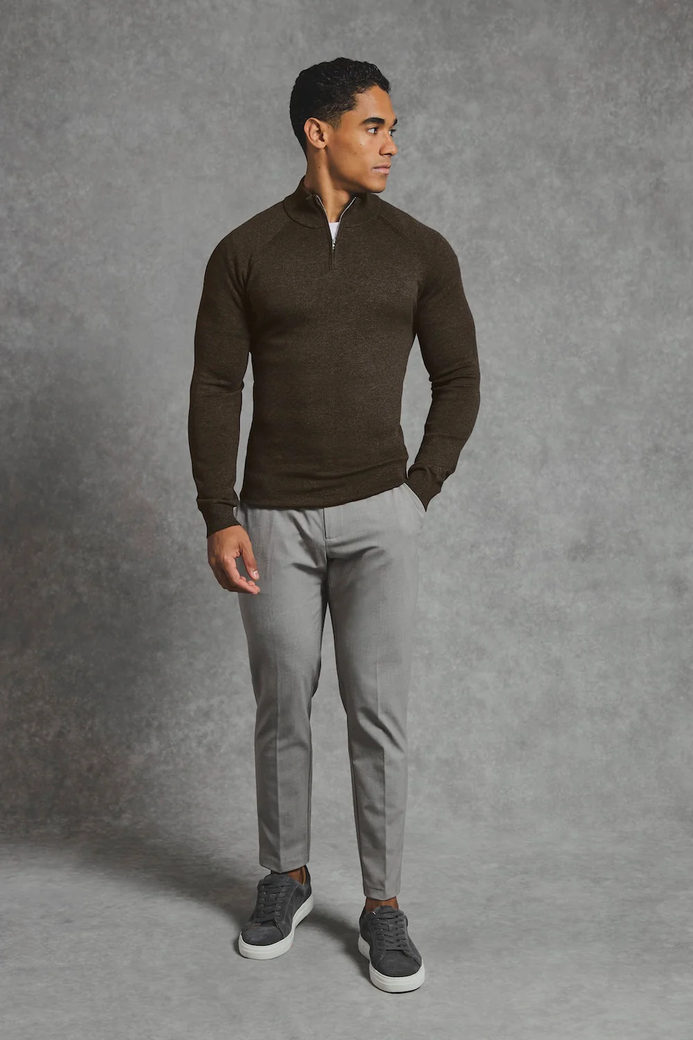 Pure Cotton Knitted Half Zip Neck Jumper in Brown Marl - Image 4