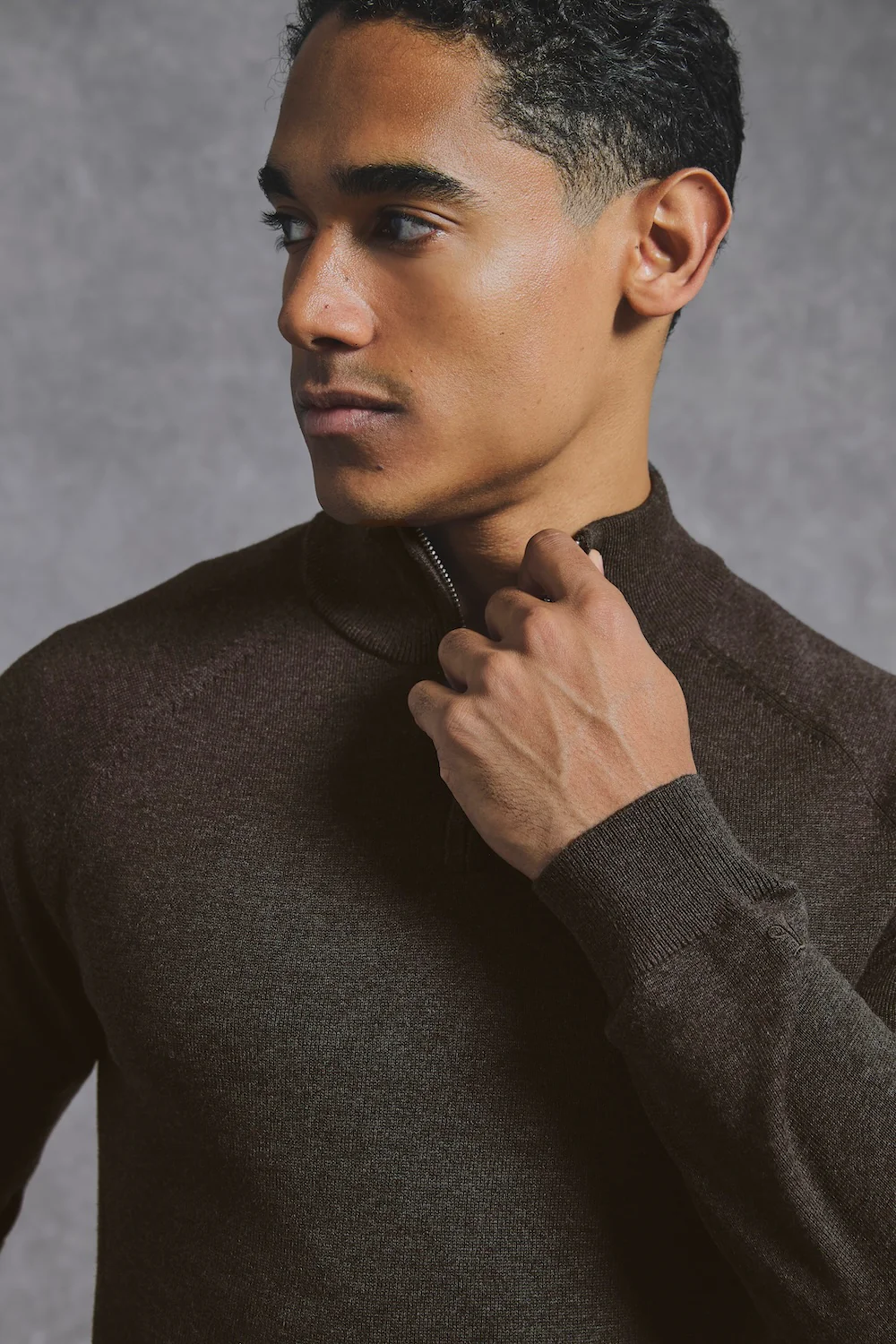 Pure Cotton Knitted Half Zip Neck Jumper in Brown Marl - Image 7