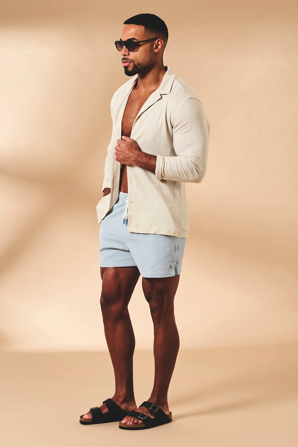 Quick Dry Seersucker Stripe Swim Shorts in Blue and White - Image 4