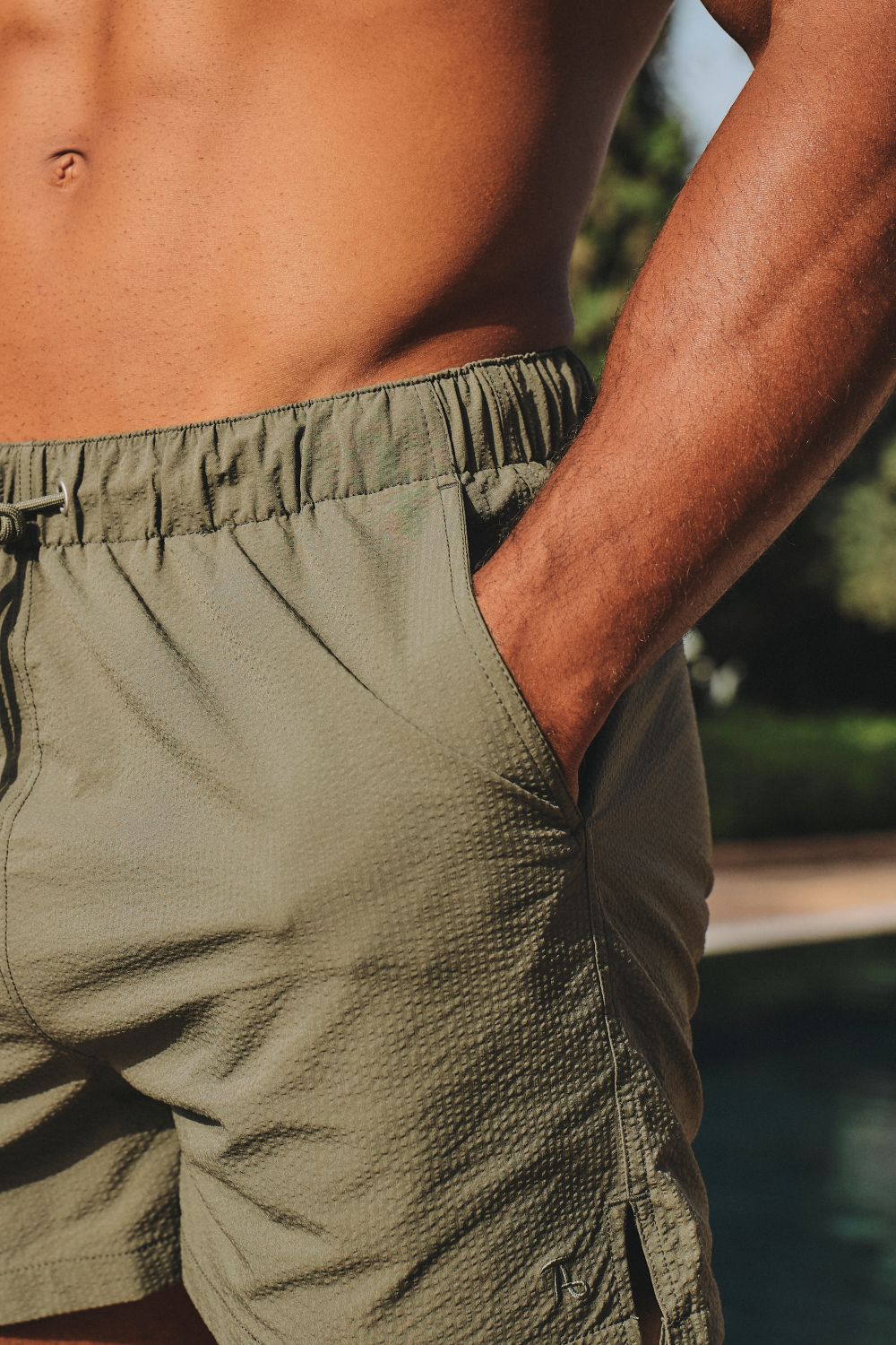 Quick Dry Seersucker Stripe Swim Short in Khaki - Image 3