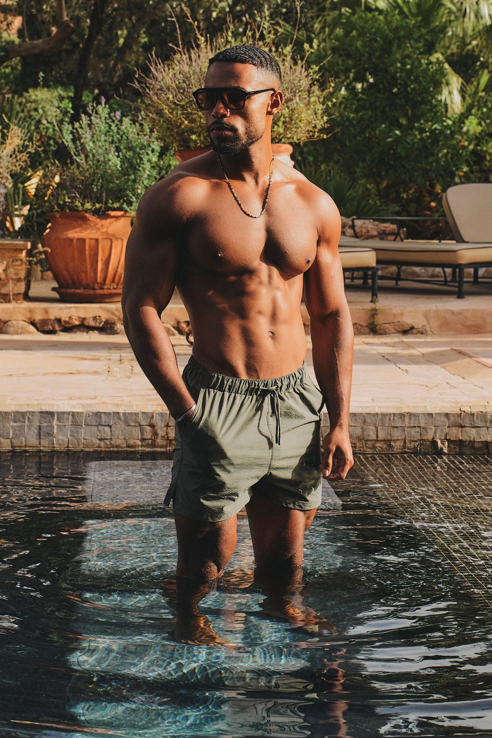 Quick Dry Seersucker Stripe Swim Short in Khaki - Image 4
