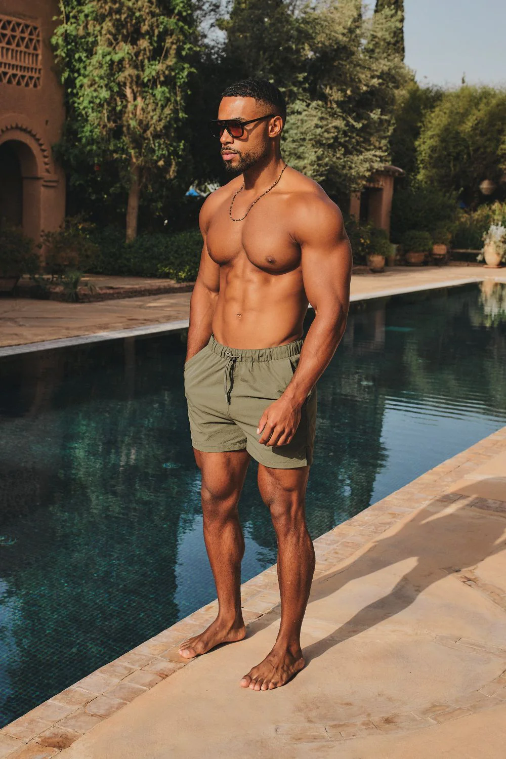 Quick Dry Seersucker Stripe Swim Short in Khaki - Image 5