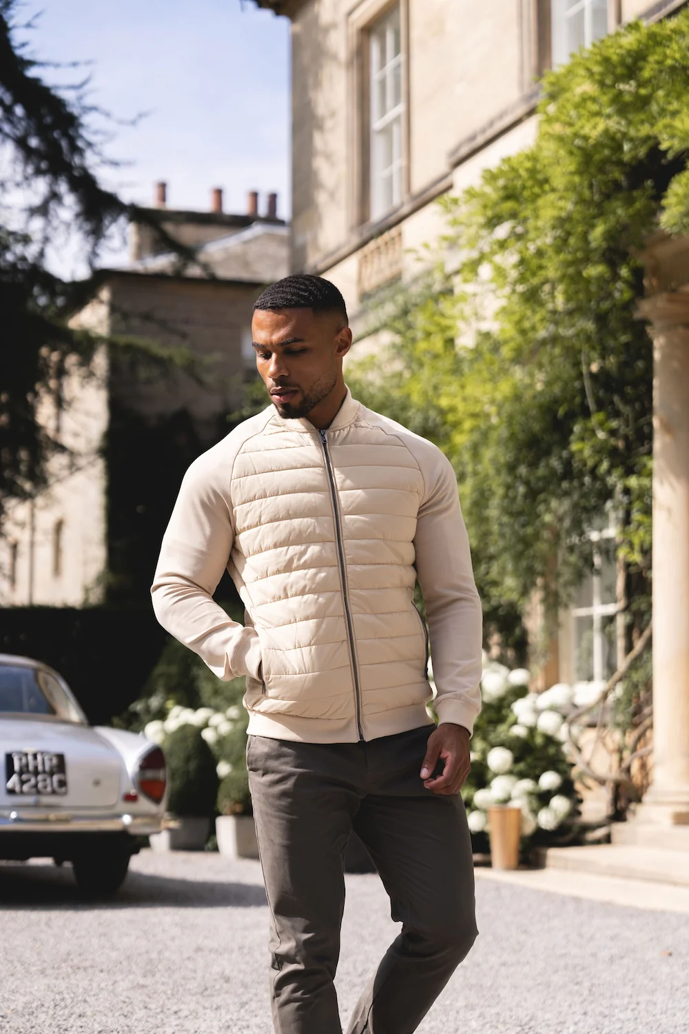 Quilted Hybrid Bomber Jacket in Neutral - Image 4