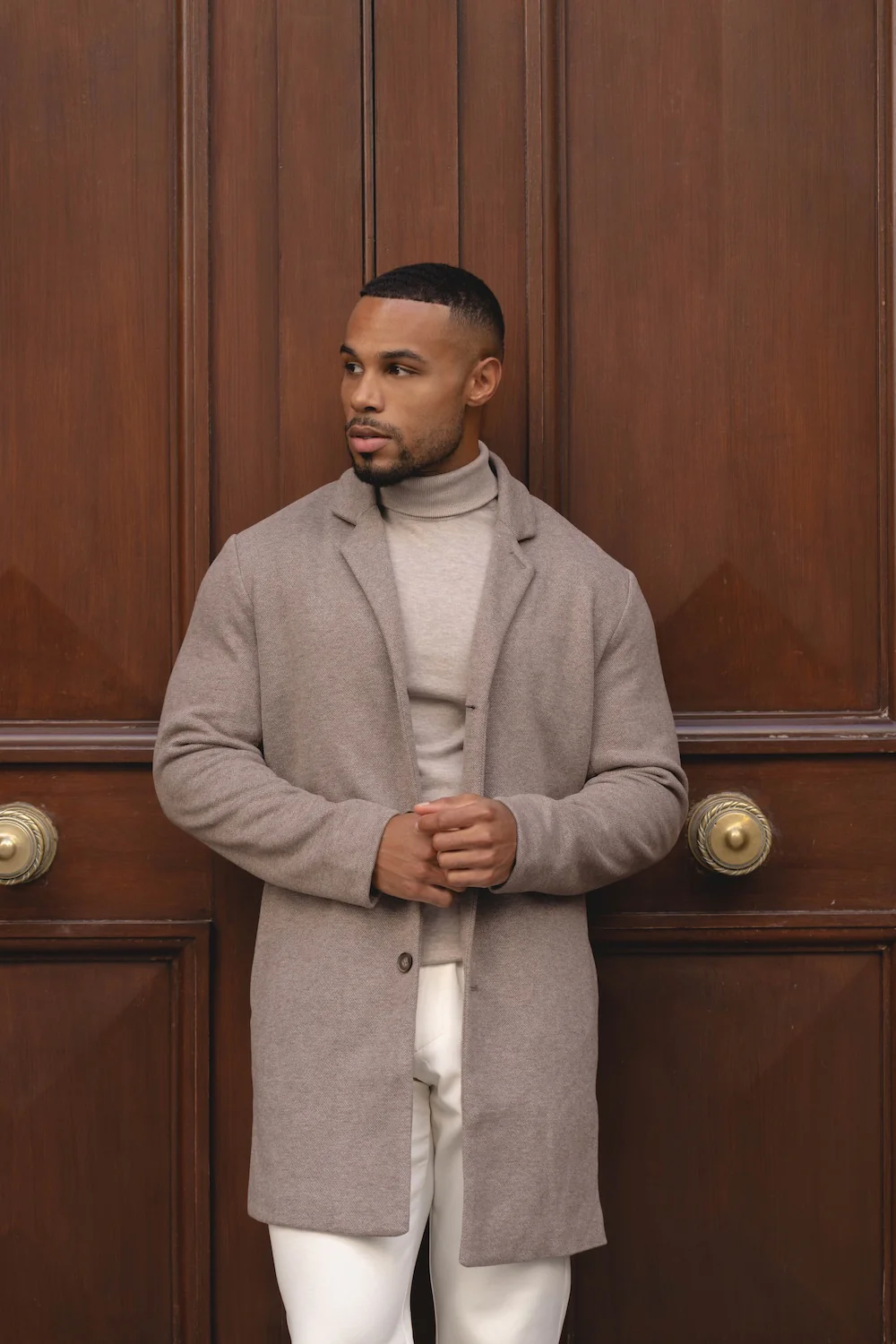 Single Breasted Herringbone Overcoat in Stone - Image 3