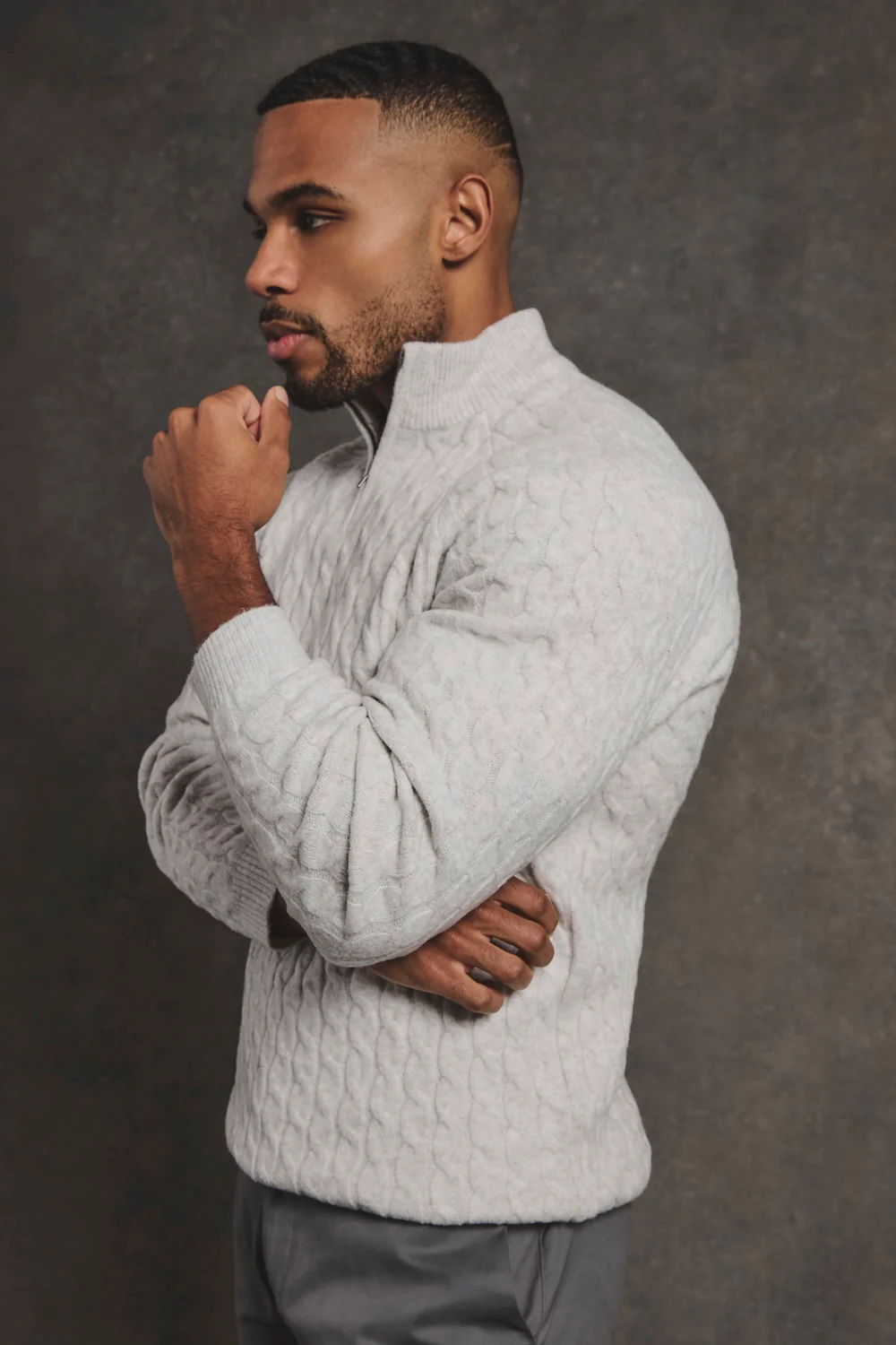 Soft Cable Half Zip Neck Jumper in Grey Marl - Image 6