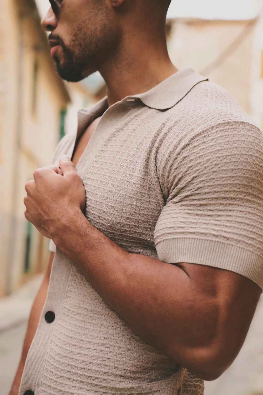 Square Textured Knitted Shirt in Neutral Marl - Image 3