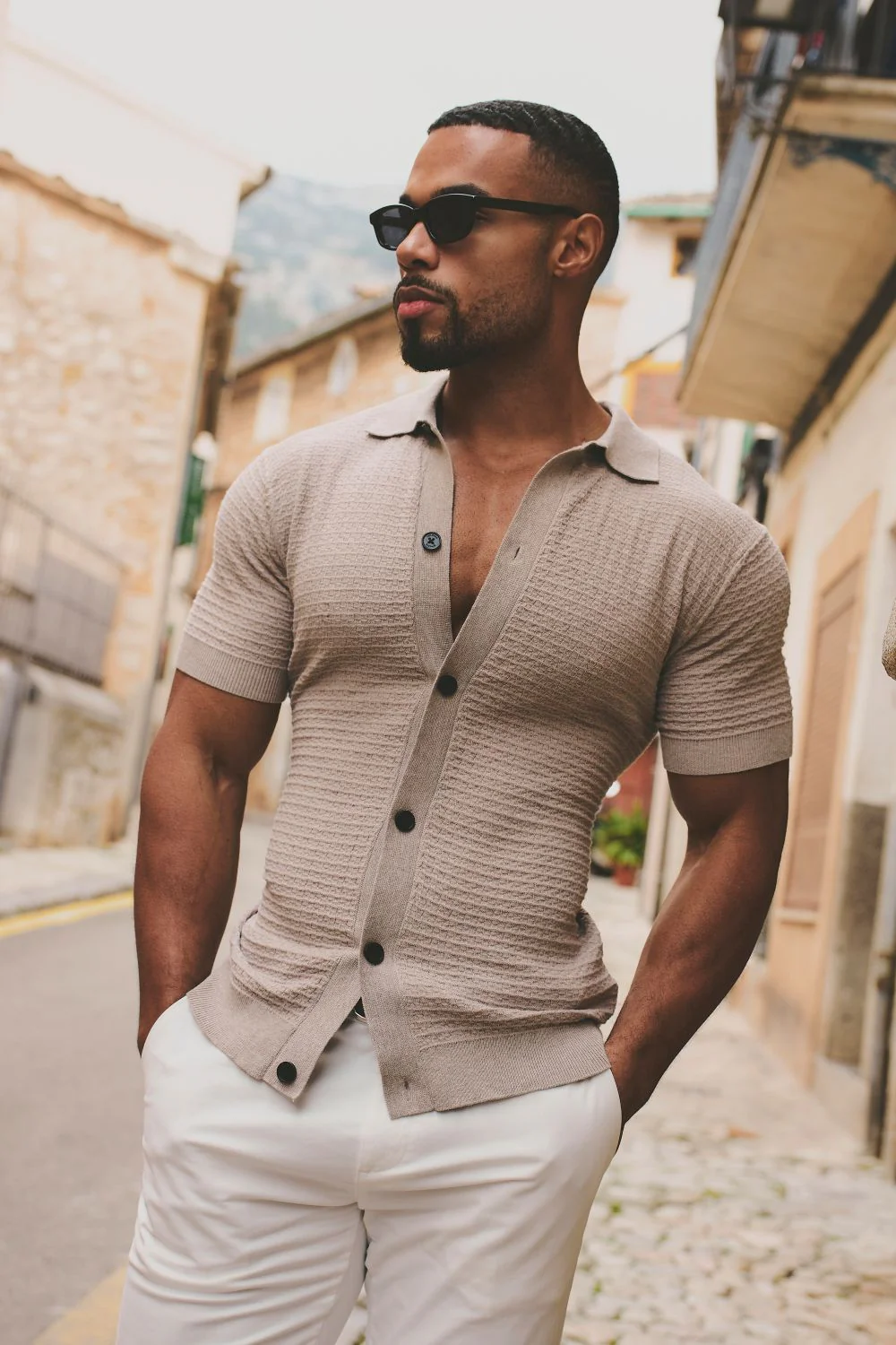 Square Textured Knitted Shirt in Neutral Marl - Image 4