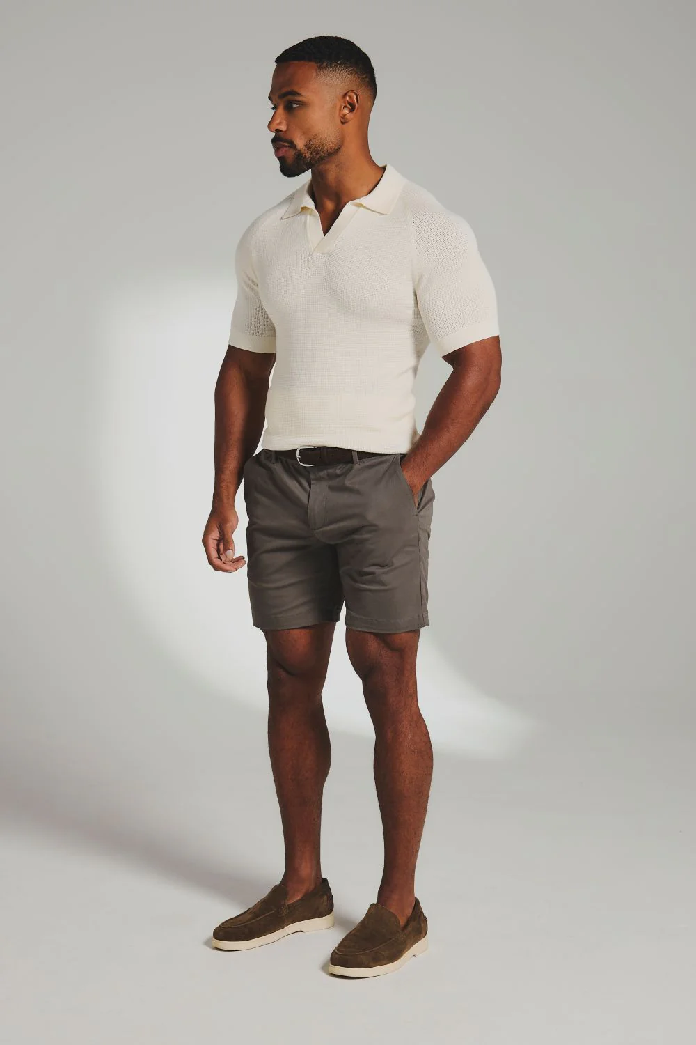 Square Textured Knitted Open Collar Polo Shirt in Ecru - Image 4
