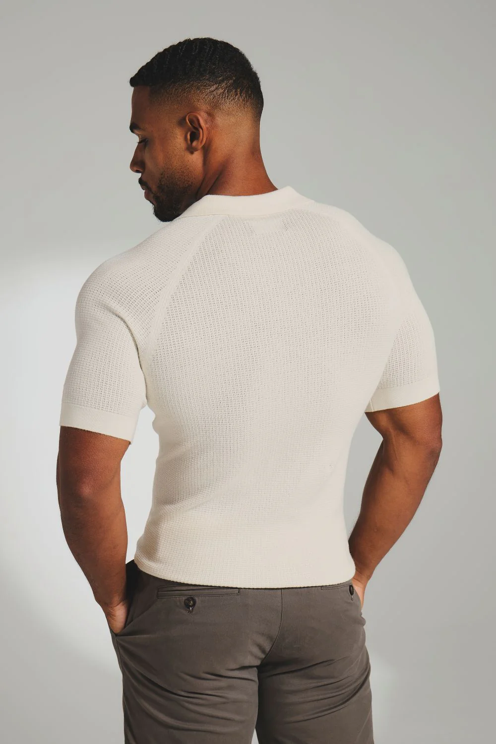 Square Textured Knitted Open Collar Polo Shirt in Ecru - Image 6