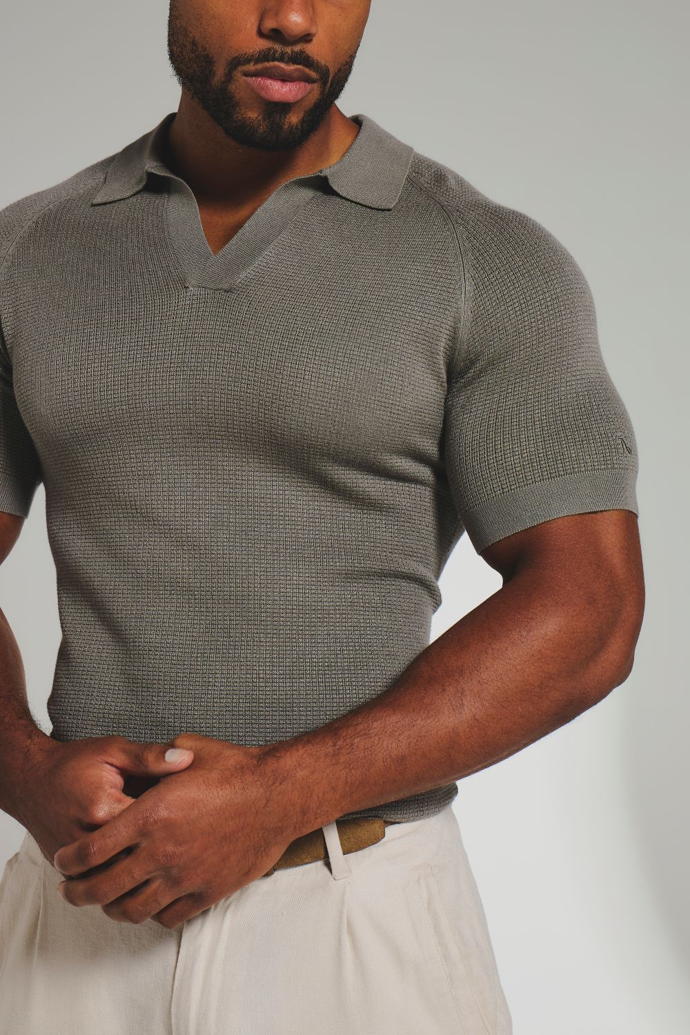 Square Textured Knitted Open Collar Polo Shirt in Sage - Image 3
