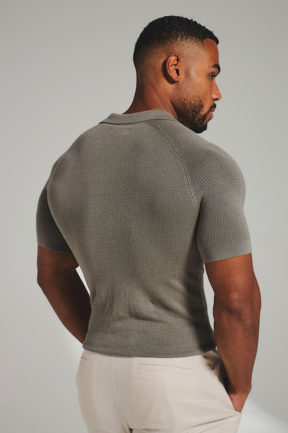 Square Textured Knitted Open Collar Polo Shirt in Sage - Image 7