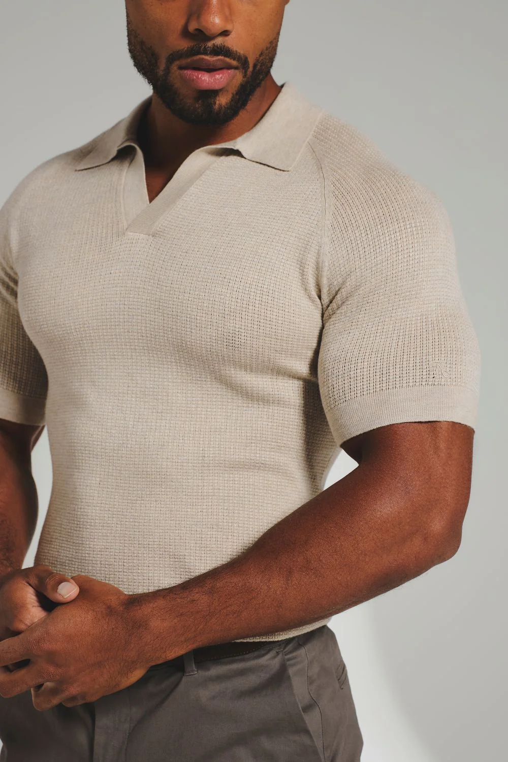 Square Textured Knitted Open Collar Polo Shirt in Wheat Marl - Image 6
