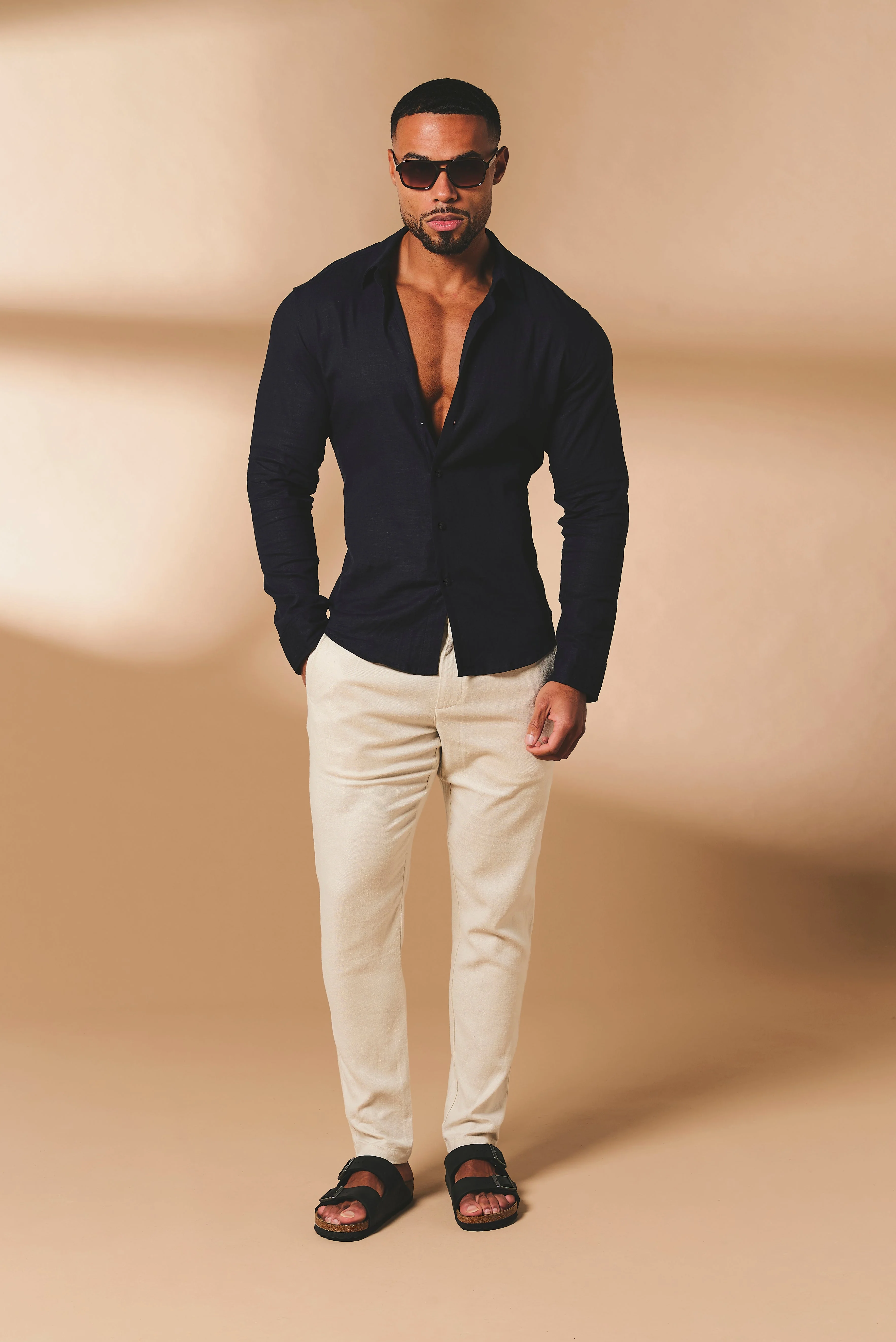 Stretch Linen Blend Button Through Shirt in Navy - Image 3
