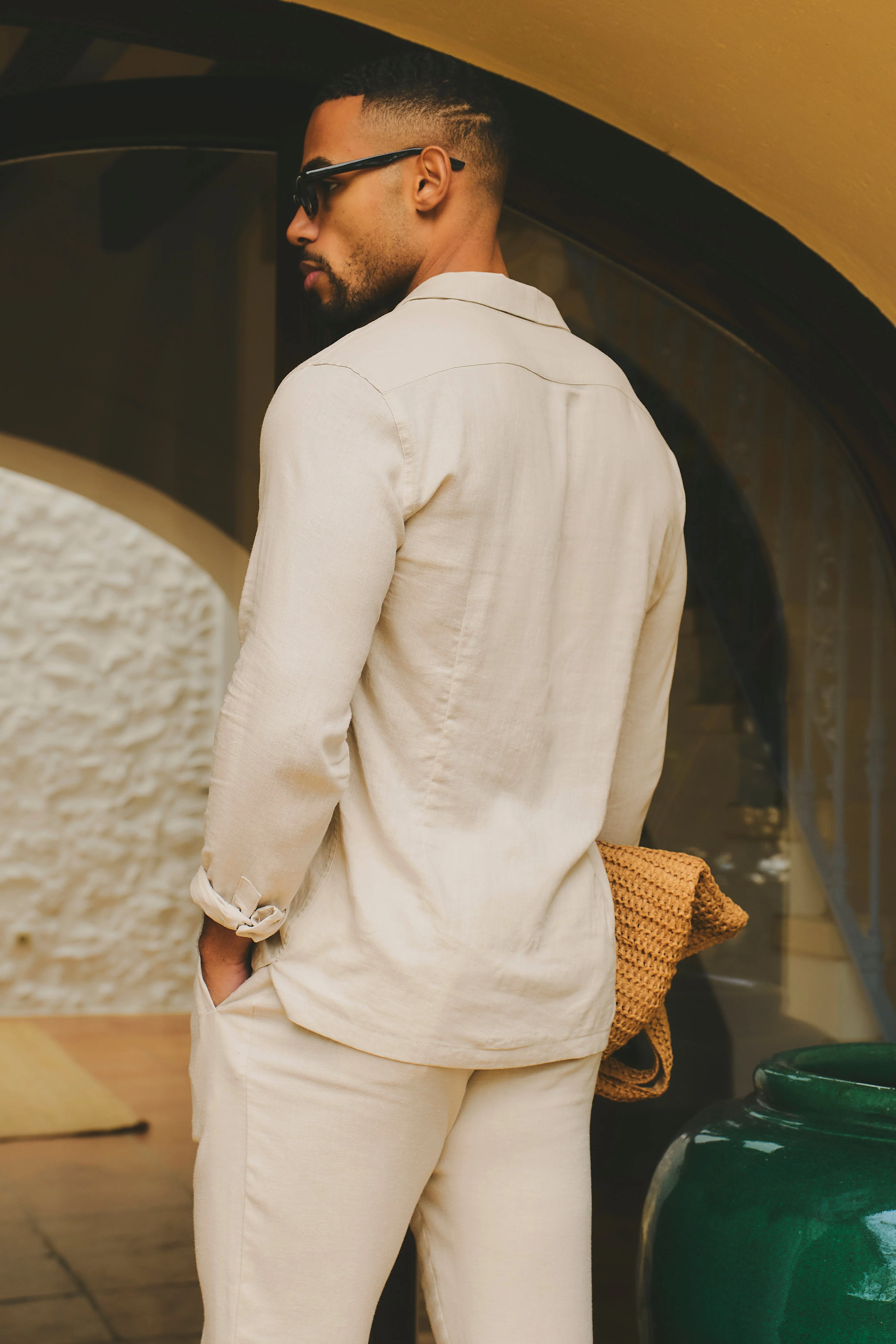 Stretch Linen Blend Cuban Collar Shirt in Stone - Image 6