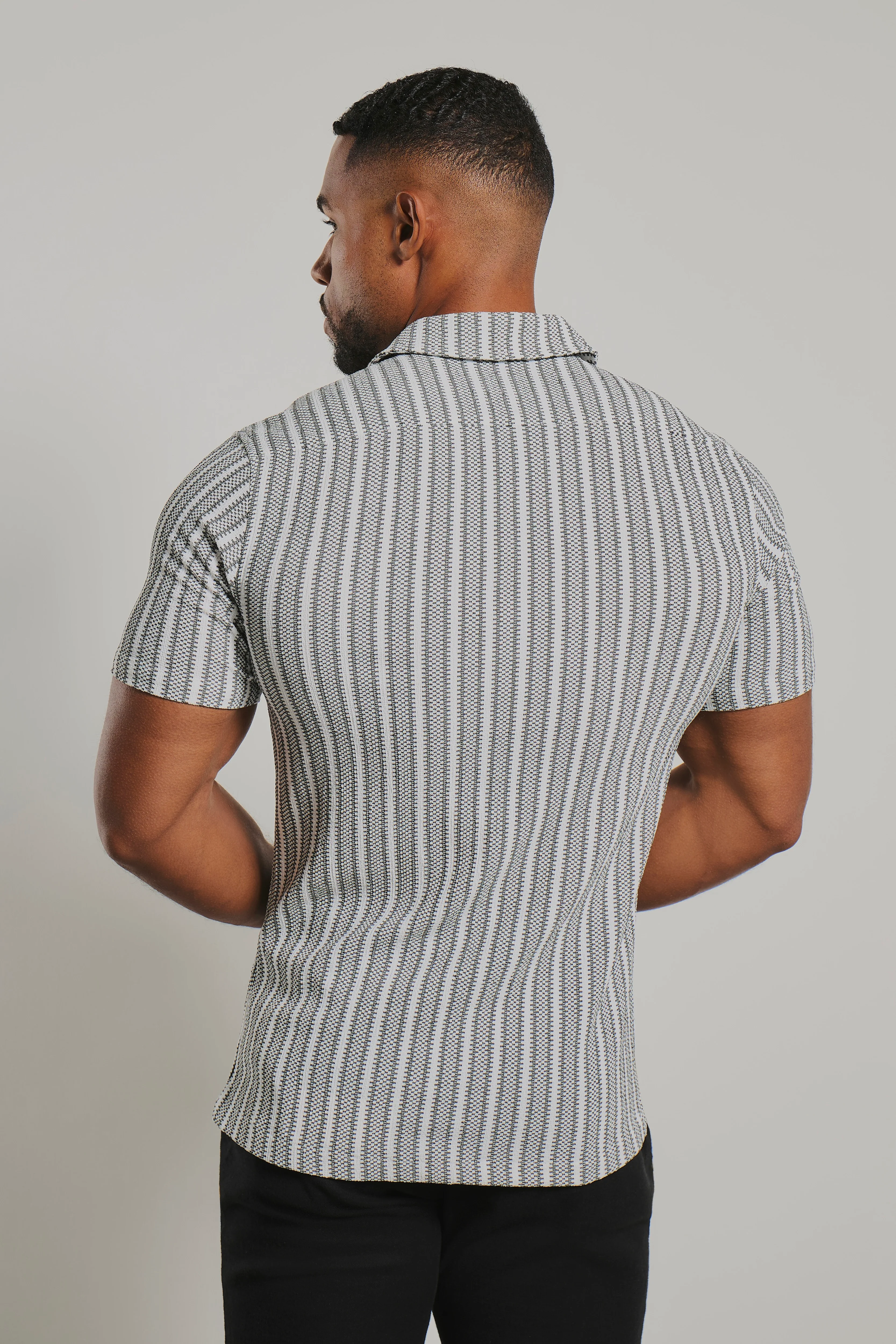 Stripe Crochet Cuban Collar Shirt in White and Grey - Image 6